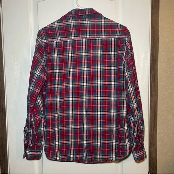 PD&C Mens Medium Red White Blue Plaid Button Shirt snap pockets flaps flannel - Picture 3 of 5
